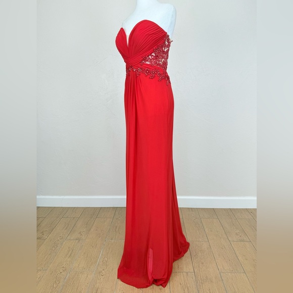 Cache Cherry Red Sheer Floral Back  Strapless Illusion Gown w/ AB Rhinestones 8 - Picture 4 of 16